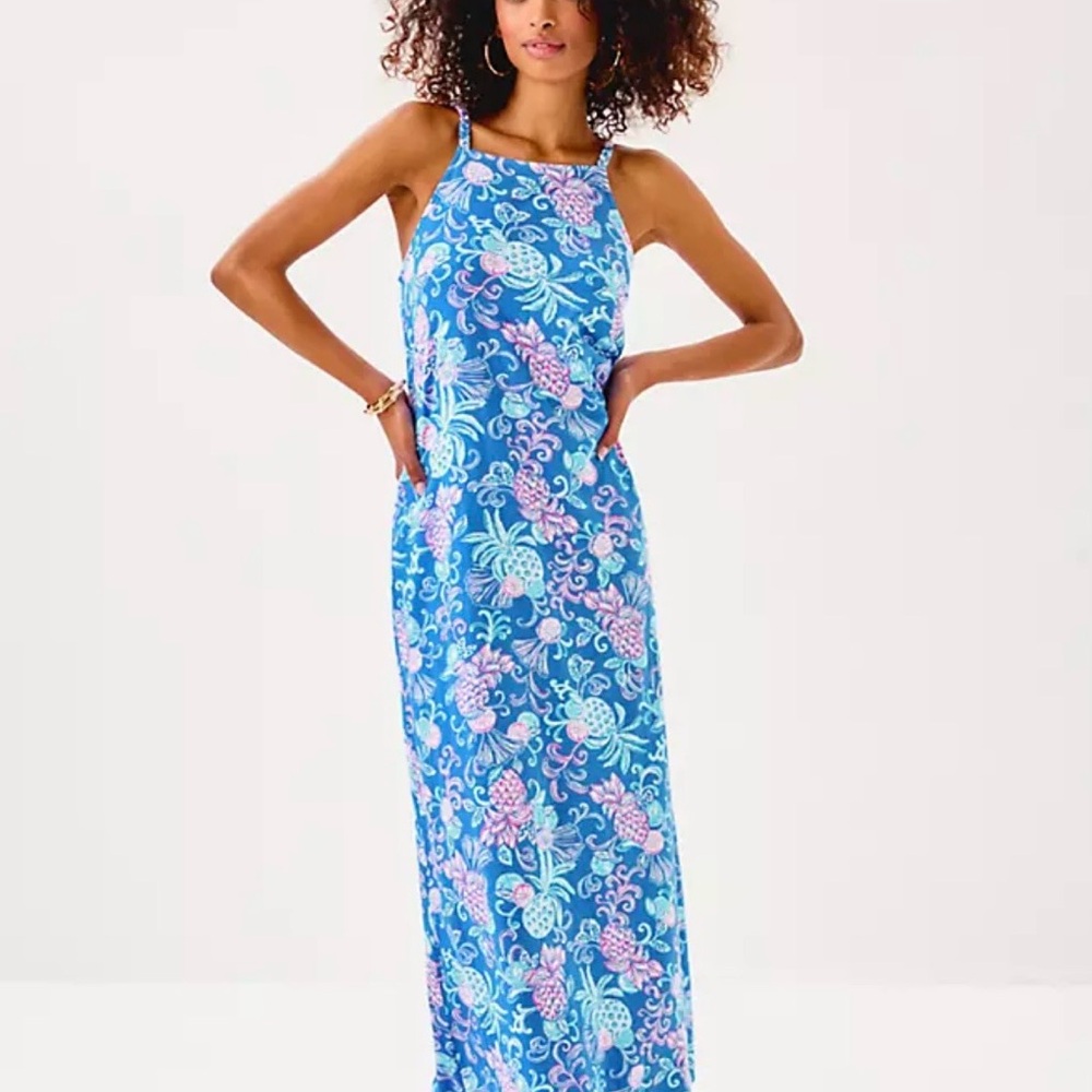New Without Tags Lilly Pulitzer Floral Blue and Pink Maxi Dress SZ M
